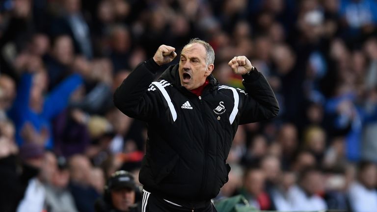 Swansea head coach Francesco Guidolin reacts on the final whistle after the Premier League win over Chelsea