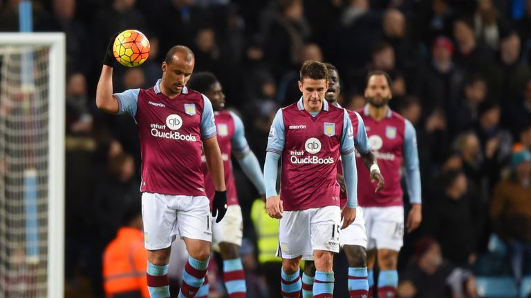 Gabriel Agbonlahor and Ashley Westwood of Aston Villa show their frustration after Everton's third goal, March 2016