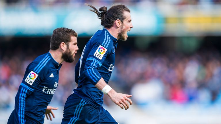 SAN SEBASTIAN, SPAIN - APRIL 30:  Gareth Bale of Real Madrid celebrates after scoring goal during the La Liga match between Real Sociedad de Futbol and Rea