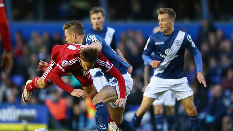 BIRMINGHAM, ENGLAND - APRIL 29: Gaston Ramirez (L) of Middlesbrough is fouled by Michael Morrison of Birmingham City during the Sky Bet Championship match 