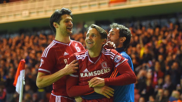 Middlesbrough's Gaston Ramirez is congratulated after scoring