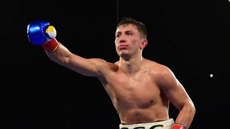Gennady Golovkin of Kazakhstan celebrates a second round TKO of Dominic Wade during his unified middleweight title fight at The 