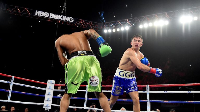 Gennady Golovkin of Kazakhstan punches Dominic Wade on way to a second round TKO during his unified middleweight title fight at 