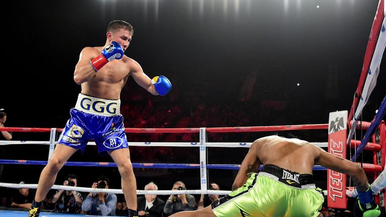 Gennady Golovkin knocks down Dominic Wade for the second time on his way to a second-round TKO