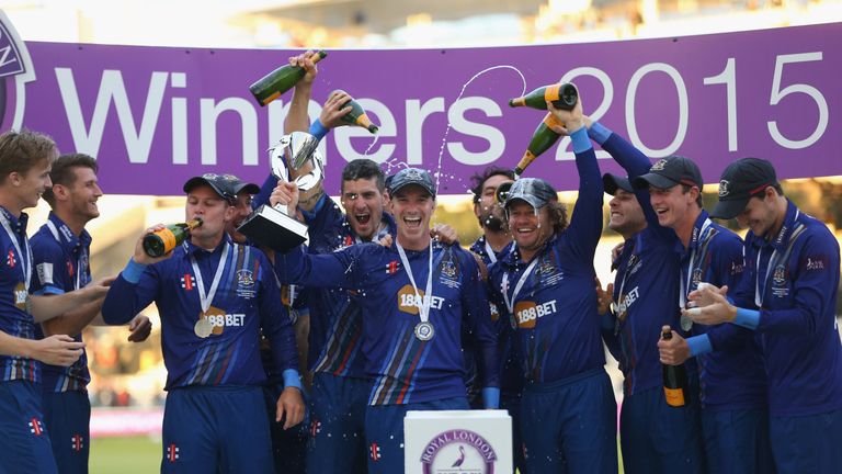 LONDON, ENGLAND - SEPTEMBER 19:  Michael Klinger the captain of Gloucester celebrates with the trophy during the Royal London One Day Cup Final between Glo