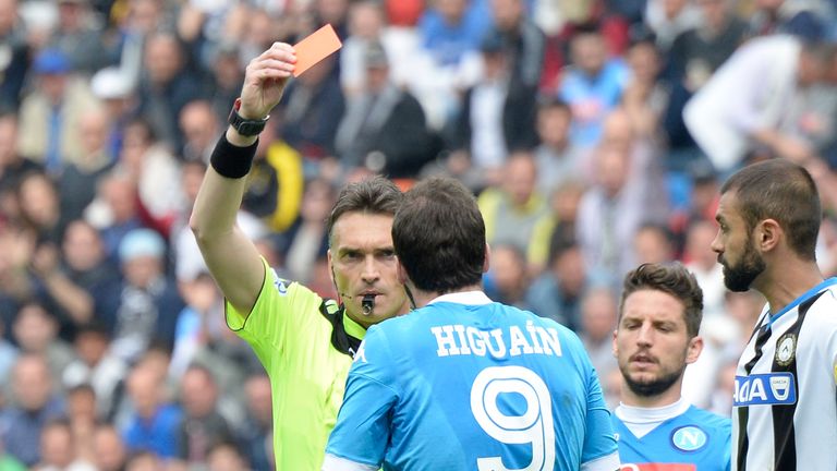 Gonzalo Higuain scored then saw a red card in Napoli's 3-1 defeat to Udinese