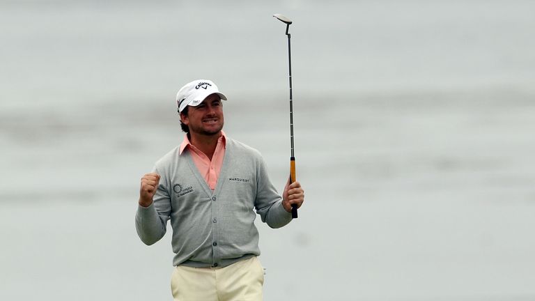 McDowell celebrates holing the winning putt at Pebble Beach in 2010