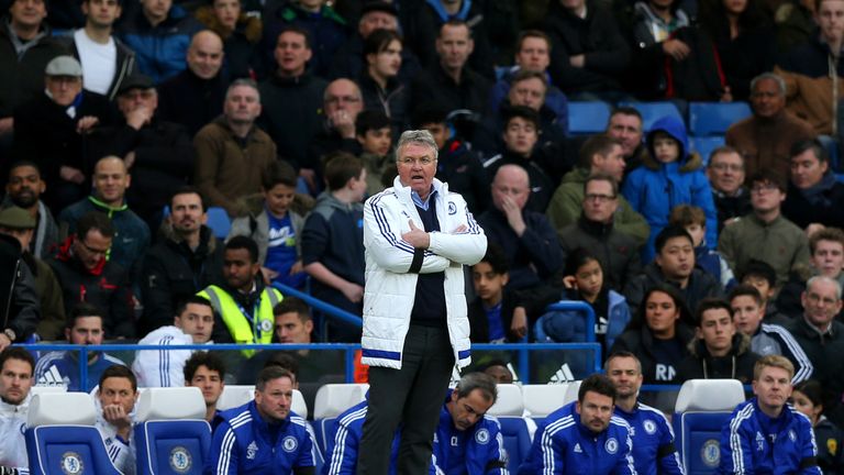 Guus Hiddink interim manager of Chelsea looks on during the Premier League match against West Ham United at Stamford Bridge