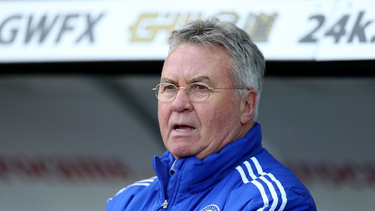 Guus Hiddink interim manager of Chelsea looks on as he side were beaten at Swansea.
