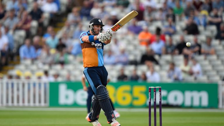 BIRMINGHAM, ENGLAND - JULY 03:  Falcons batsman Hamish Rutherford hits out during the NatWest T20 Blast match between Birmingham Bears and Derbyshire Falco