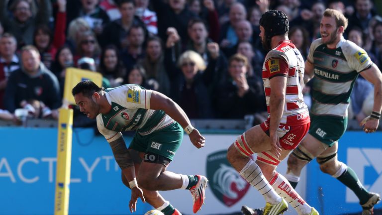 LEICESTER, ENGLAND - APRIL 02:  Manu Tuilagi of Leicester touches down for his second try during the Aviva Premiership match between Leicester Tigers and G