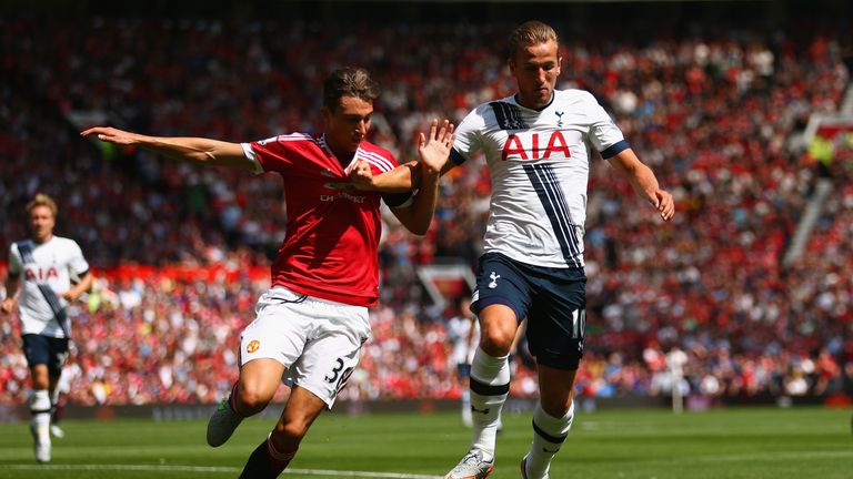 Harry Kane and Matteo Darmian compete for the ball during match between Manchester United and Tottenham Hotspur at Old Trafford on August 8