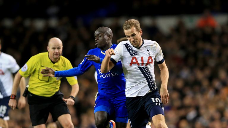 Leicester's N'Golo Kante (left) and Tottenham Hotspur's Harry Kane battle for the ball during the Premier League match at White Hart Lane, January 2016