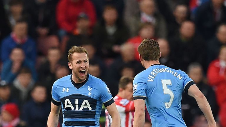 Harry Kane celebrates after scoring Spurs' opener at Stoke