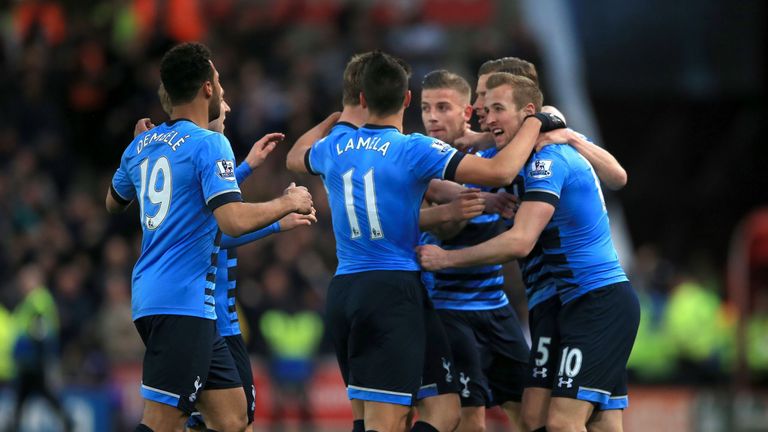 Harry Kane (right) is congratulated after scoring for Tottenham against Stoke