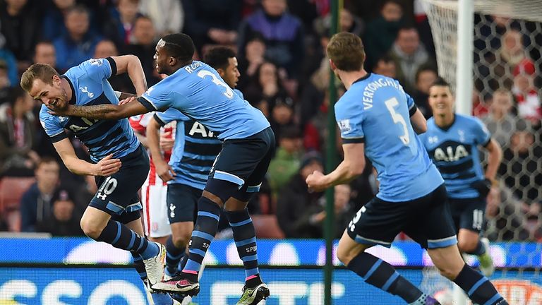 Harry Kane celebrates after scoring for Tottenham against Stoke