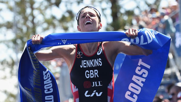  Helen Jenkins of Great Britain celebrates winning the ITU World Triathlon Series