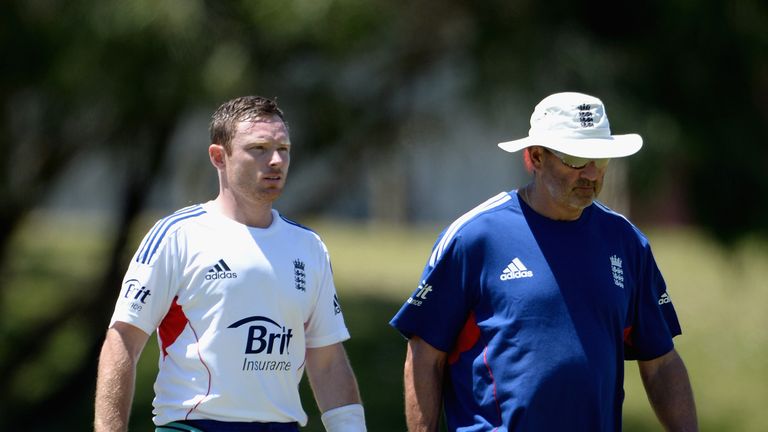 Ian Bell of England speaks to batting coach Graham Gooch