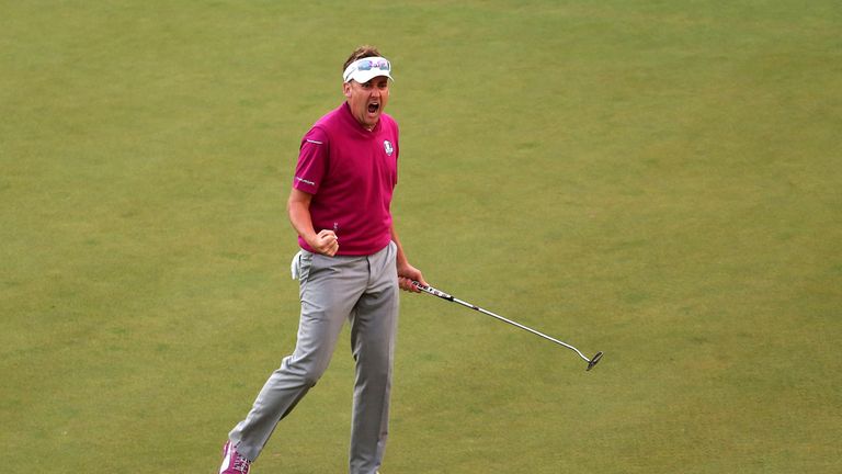 MEDINAH, IL - SEPTEMBER 29:  Ian Poulter of Europe reacts after a birdie on the 17th hole during day two of the Afternoon Four-Ball Matches for The 39th Ry