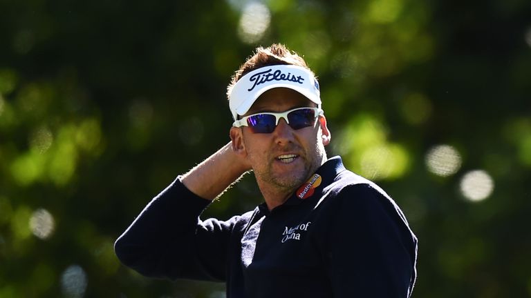 England's Ian Poulter reacts after teeing off during Round 2 of the 80th Masters Golf Tournament at the Augusta National Golf Club