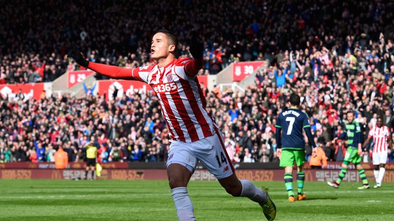 Ibrahim Afellay of Stoke City celebrates scoring his team's first goal against Swansea