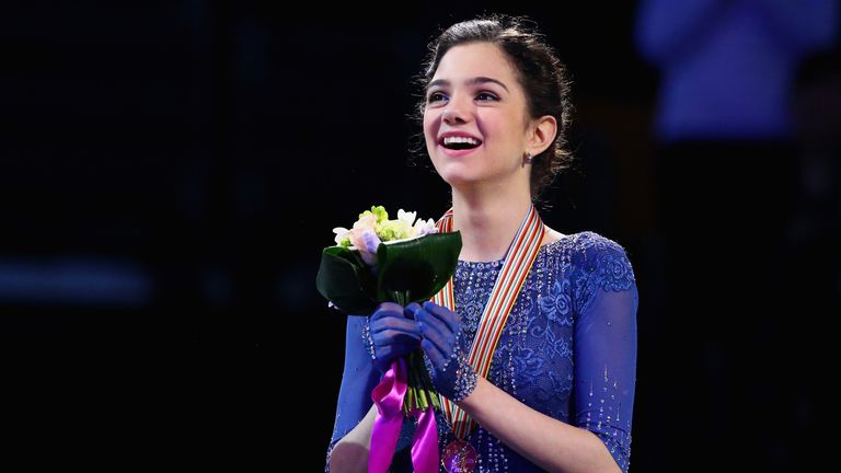 Evgenia Medvedeva of Russia celebrates after winning the gold medal in Boston, Massachusetts