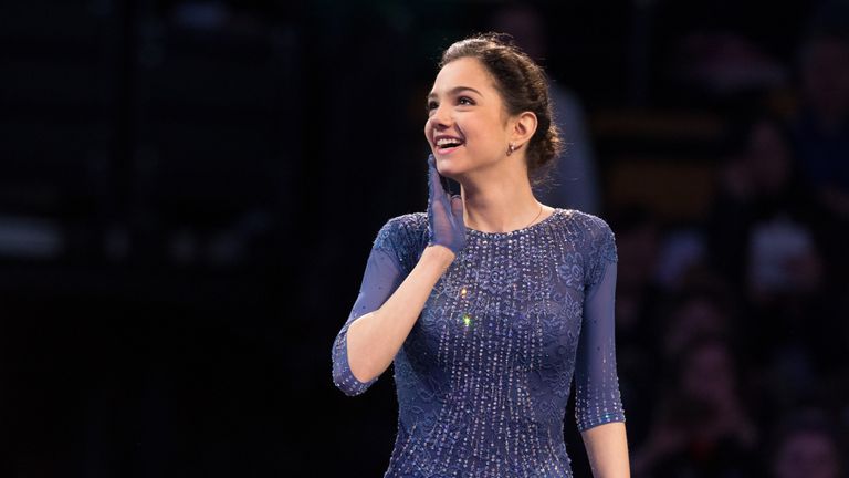 Gold medalist Evgenia Medvedeva of Russia celebrates during the victory ceremony