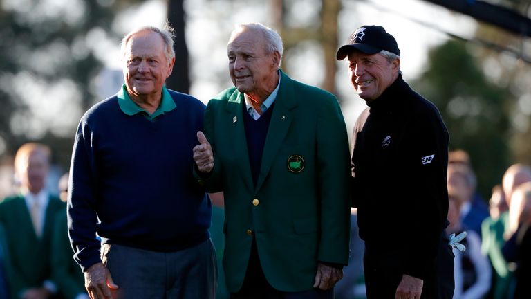 Honorary starters Jack Nicklaus, Arnold Palmer and Gary Player attend the ceremonial tee-off to start the first round of the Masters