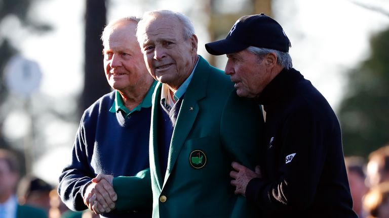 Honorary starters Jack Nicklaus, Arnold Palmer and Gary Player attend the ceremonial tee off to start the first round of the Masters