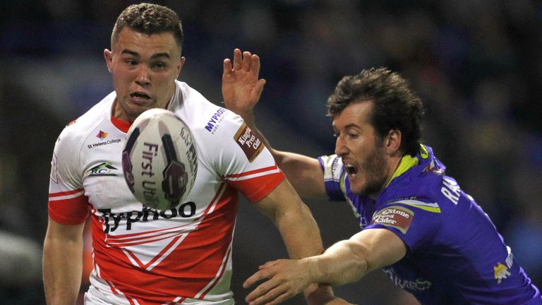 Jack Owens kicks ahead for St Helens during the First Utility Super League match between Warrington Wolves and St Helens