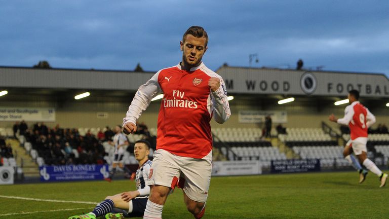  Jack Wilshere celebrates scoring a goal for Arsenal during the match between Arsenal U21 and WBA
