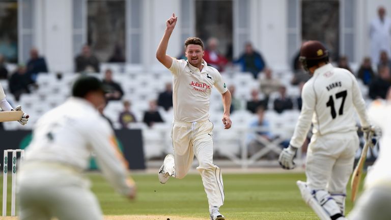 NOTTINGHAM, ENGLAND - APRIL 11:  Notts bowler Jackson Bird celebrates after taking the wicket of Surrey batsman Rory Burns during Day two of the Specsavers