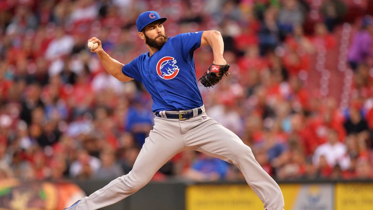 CINCINNATI, OH - APRIL 21:  Jake Arrieta #49 of the Chicago Cubs pitches in the second inning against the Cincinnati Reds at Great American Ball Park