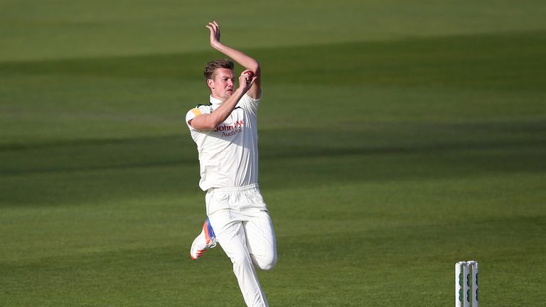 Jake Ball of Nottinghamshire bowls during day one of their County Championship Division One match against Lancashire
