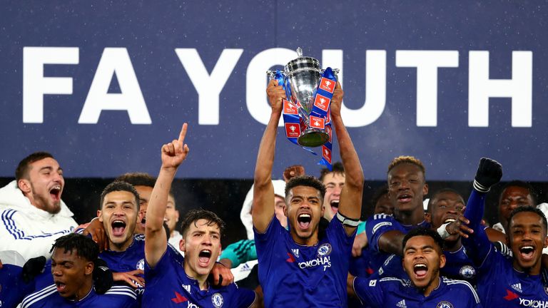 The Chelsea team Captain Jake Clarke-Salter lifts the trophy as Chelsea win the FA Youth Cup Final -