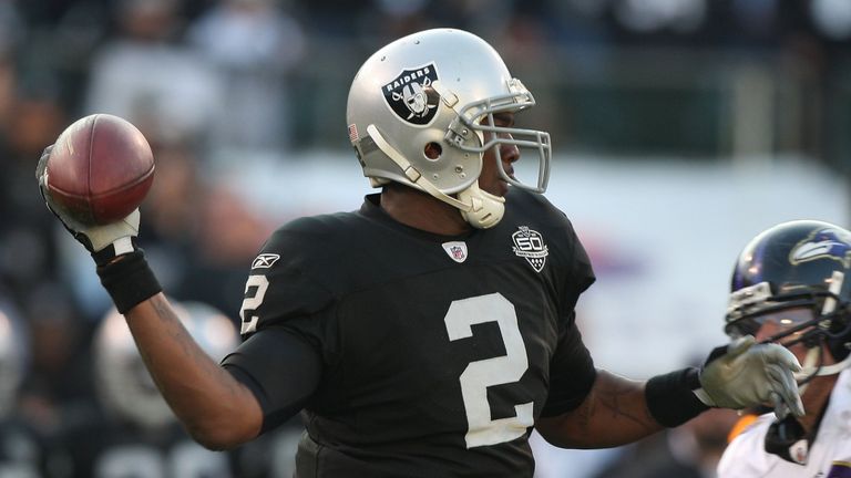 OAKLAND, CA - JANUARY 03:  JaMarcus Russell #2 of the Oakland Raiders in action  against the Baltimore Ravens during an NFL game at Oakland-Alameda County 