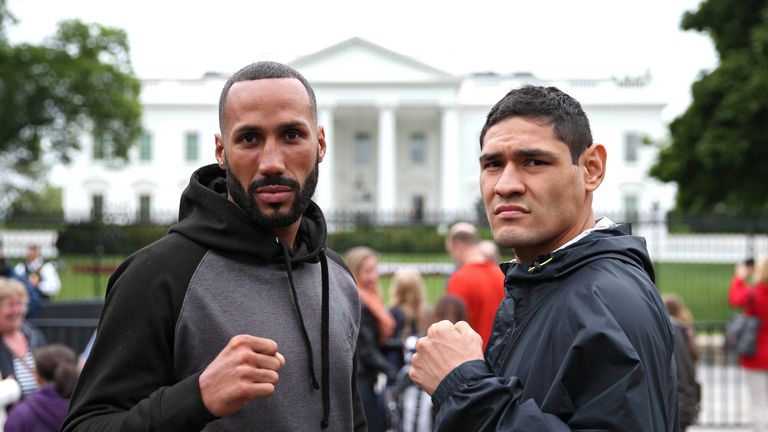IBF Champion James DeGale (L) and Rogelio Medina pose in front of the White House prior to their title fight