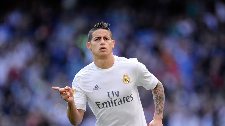 James Rodriguez of Real Madrid celebrates scoring the opening goal