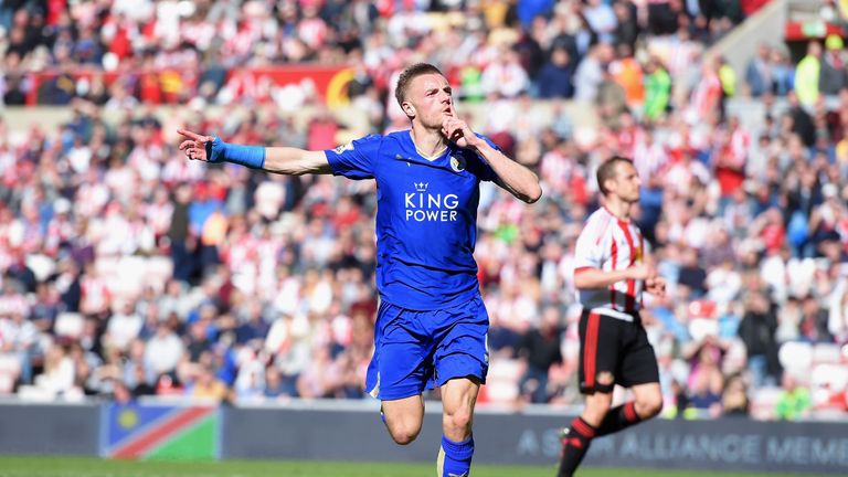Jamie Vardy of Leicester City celebrates as he scores their second goal 