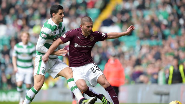 Celtic's Tom Rogic (left) with Perry Kitchen of Hearts