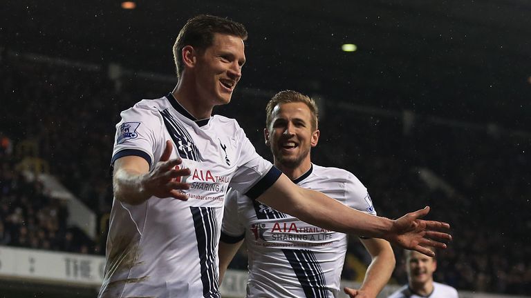 Tottenham Hotspur's Jan Vertonghen and Harry Kane (right) celebrate after West Bromwich Albion's Craig Dawson (not pictured) scores an own goal