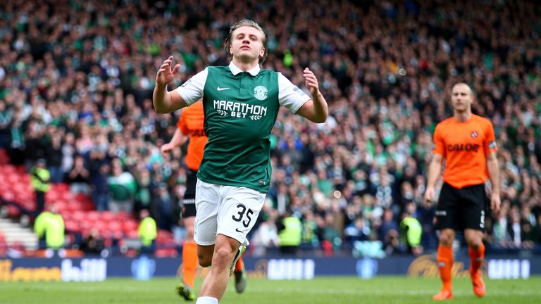 GLASGOW, SCOTLAND - APRIL 16:  Jason Cummings of Hibernian reacts after his missed penalty during the Scottish Cup Se