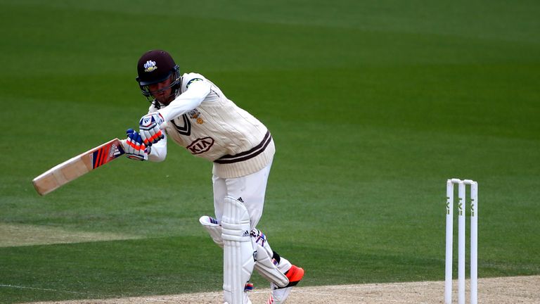 Jason Roy hits out during day two of the LV County Championship Division Two match between Surrey and Lancashire at The Kia Oval