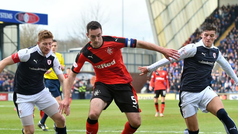 Jason Thomson, Lee Wallace and Ross Callachan during Raith v Rangers in the Scottish Championship