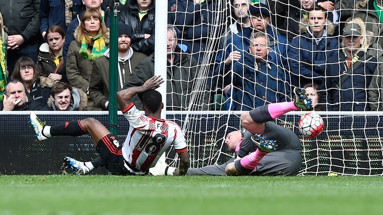 NORWICH, ENGLAND - APRIL 16:  Jermain Defoe of Sunderland scores his team's second goal during the Barclays Premier League match between Norwich City and S
