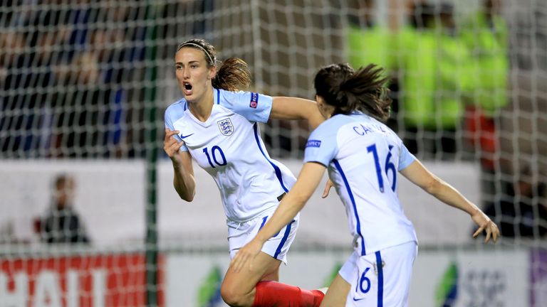 Jill Scott (left) celebrates her late equaliser with team mate Karen Carney