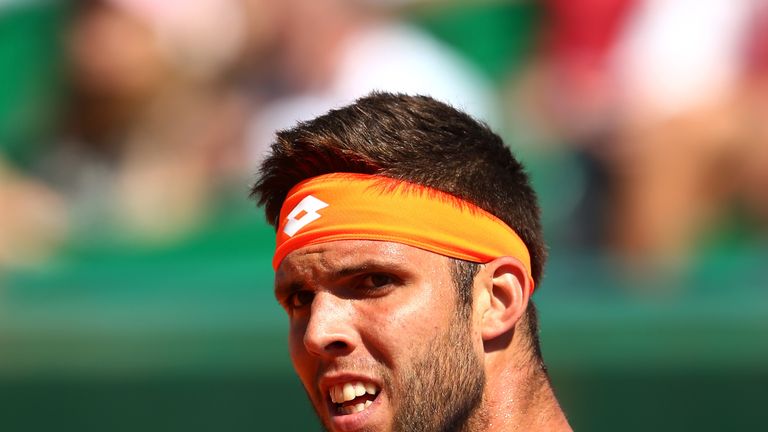 Jiri Vesely celebrates during his match against Novak Djokovic