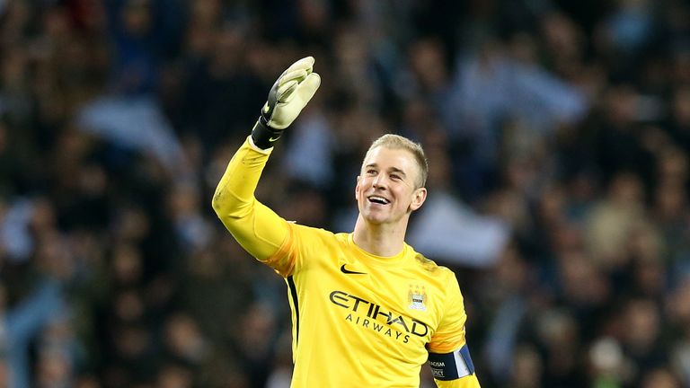 Manchester City goalkeeper Joe Hart celebrates victory after the final whistle in the UEFA Champions League Quarter Final, Second Leg match at the Etihad S