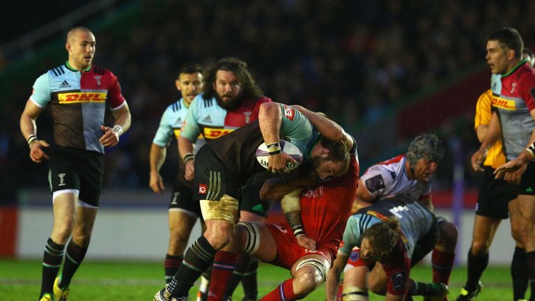 Joe Marler carries the ball in Quins' 30-6 victory over Grenoble
