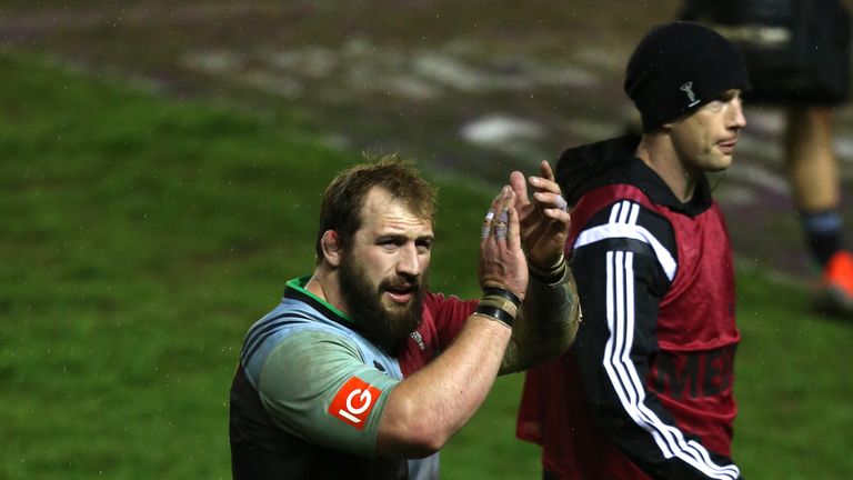 LONDON, ENGLAND - APRIL 22:  Joe Marler, the Harlequins prop applauds the crowd after being replaced during the European Rugby Challenge Cup semi fina